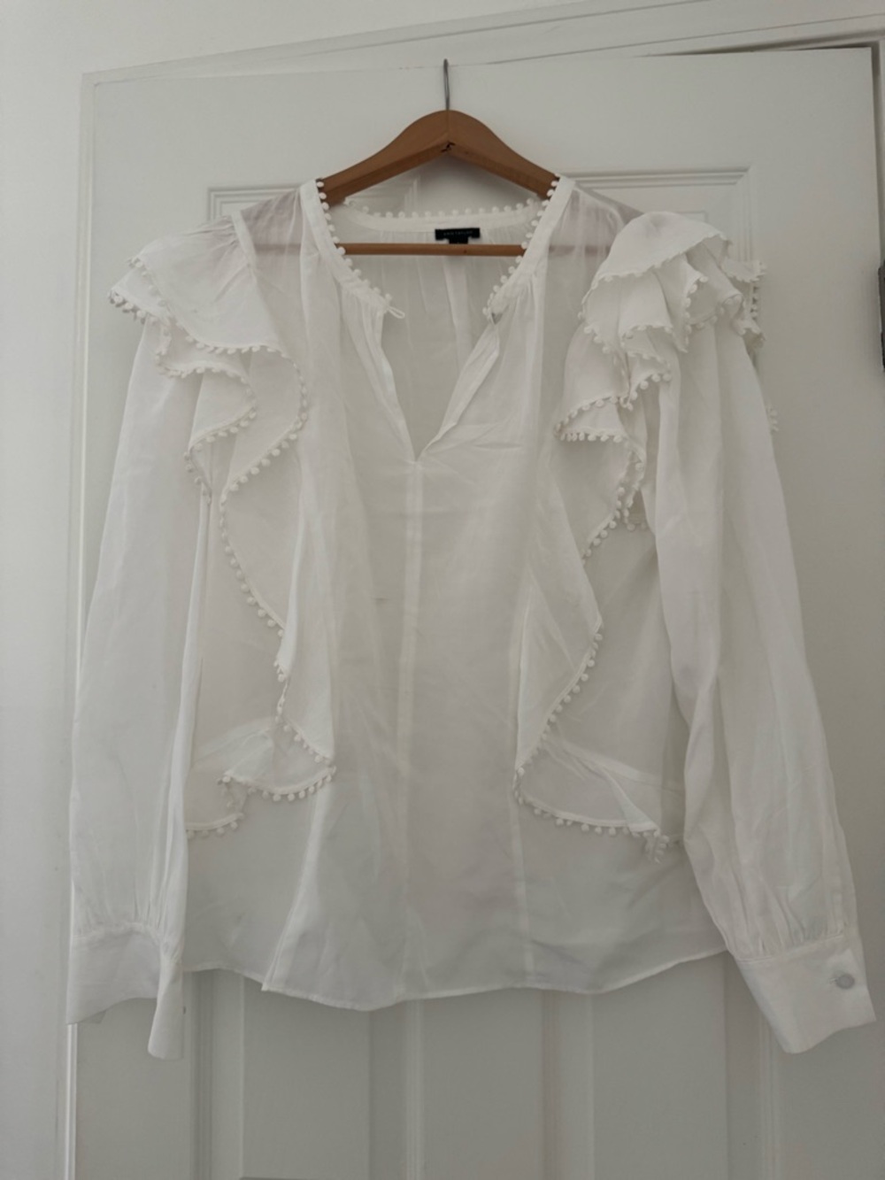 Ann Taylor White Pom-Pom Ruffle Blouse